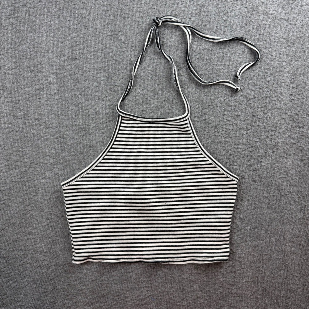 Full Tilt Halter Crop Top Women Small Black White Striped Ribbed Knit Sleeveless